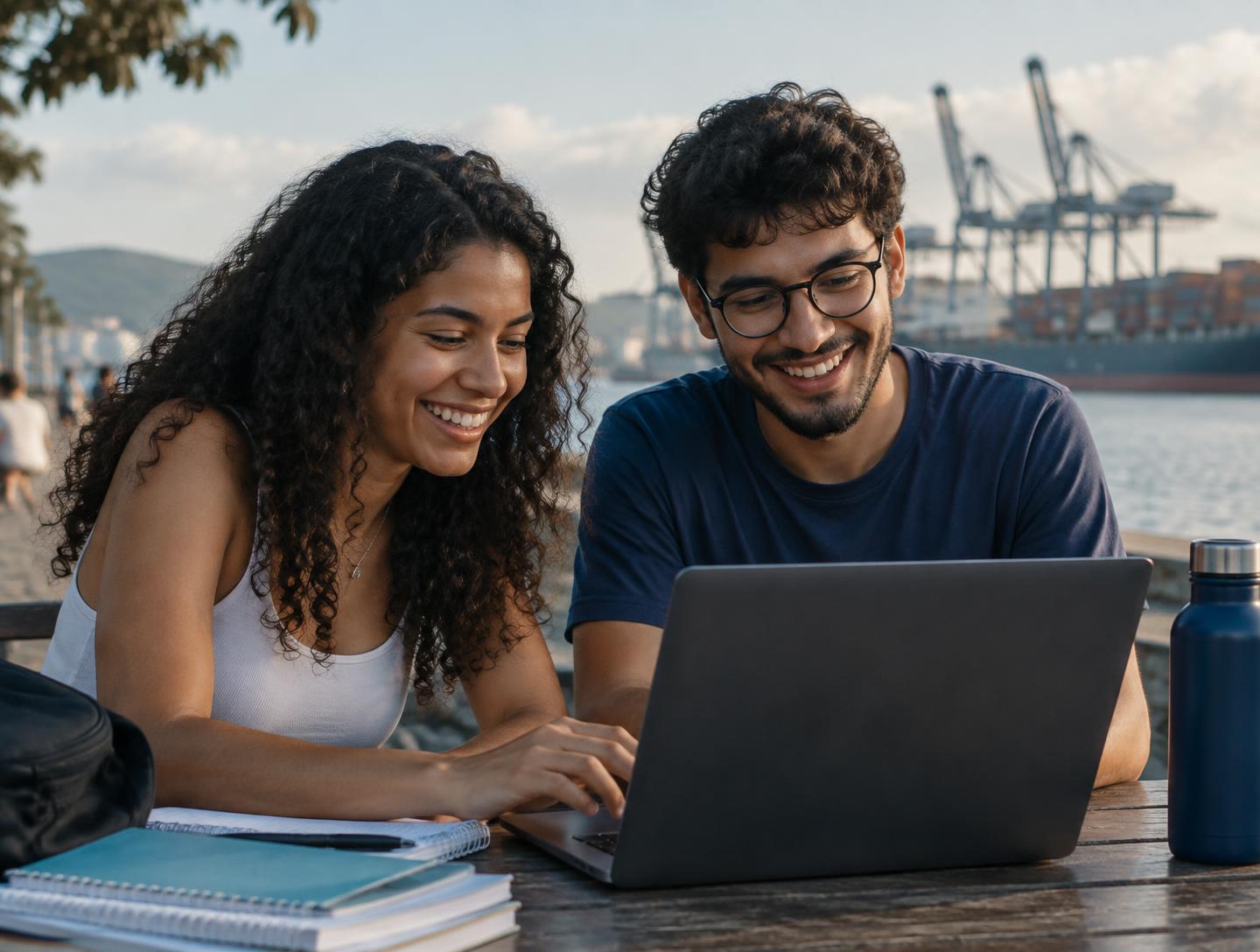 Dois jovens universitários estudando juntos em frente ao porto
