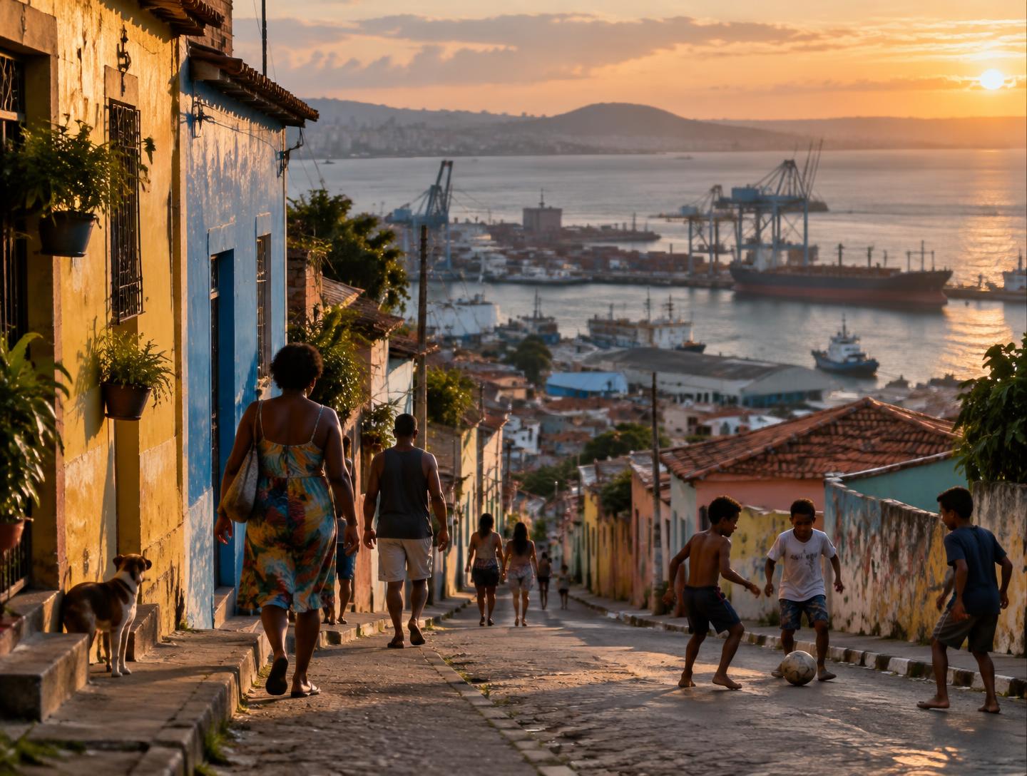 Rua de bairro portuário ao fim da tarde, com moradores e o porto ao fundo